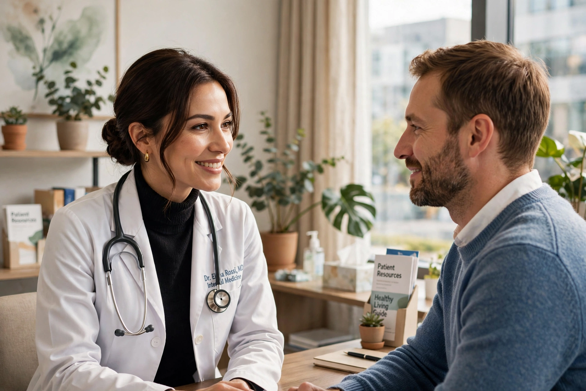 Médica e paciente em consulta, olho no olho
